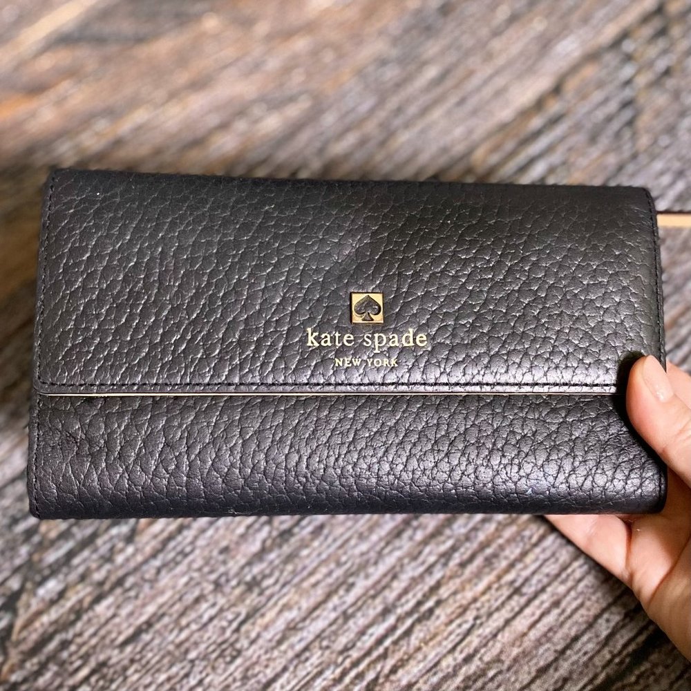 Kate Spade Black Fine Leather Fold-over Wallet with Striped Lining